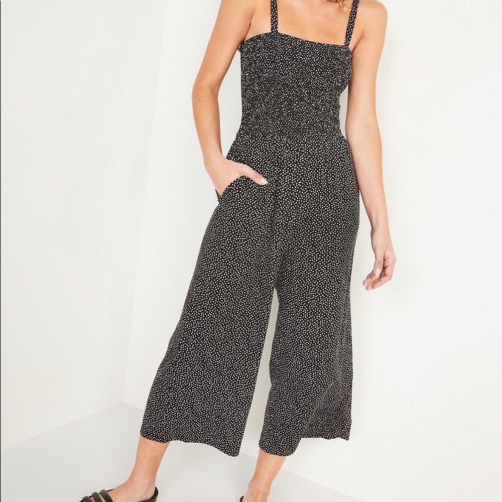 Old Navy Smocked Jersey Cami Jumpsuit black white polka dots pockets!!!